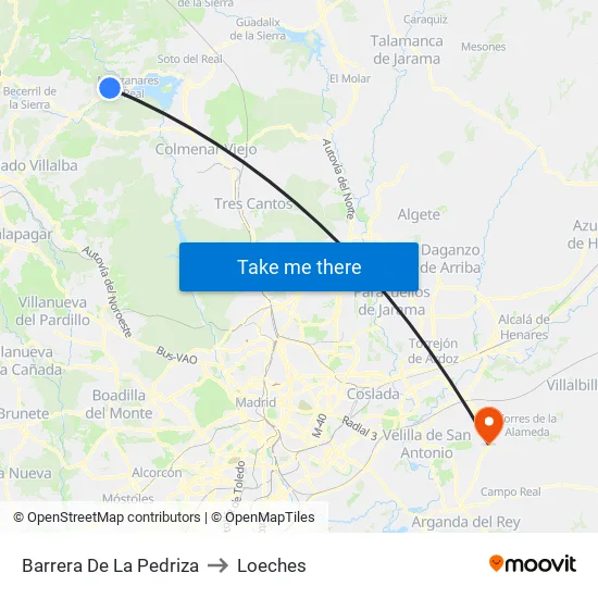 Barrera De La Pedriza to Loeches map