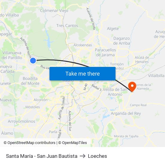 Santa María - San Juan Bautista to Loeches map