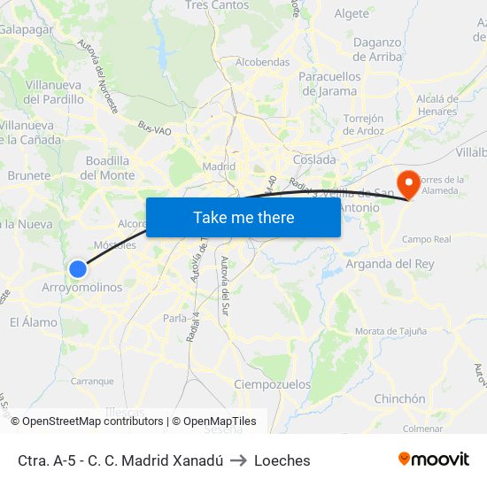 Ctra. A-5 - C. C. Madrid Xanadú to Loeches map