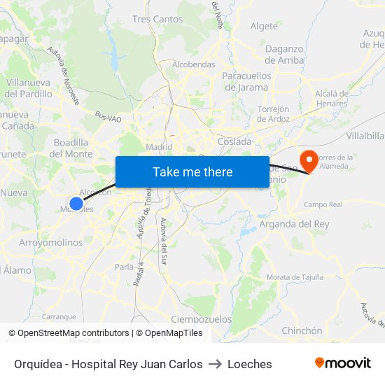 Orquídea - Hospital Rey Juan Carlos to Loeches map