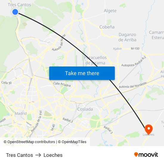 Tres Cantos to Loeches map