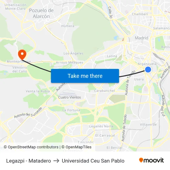 Legazpi - Matadero to Universidad Ceu San Pablo map