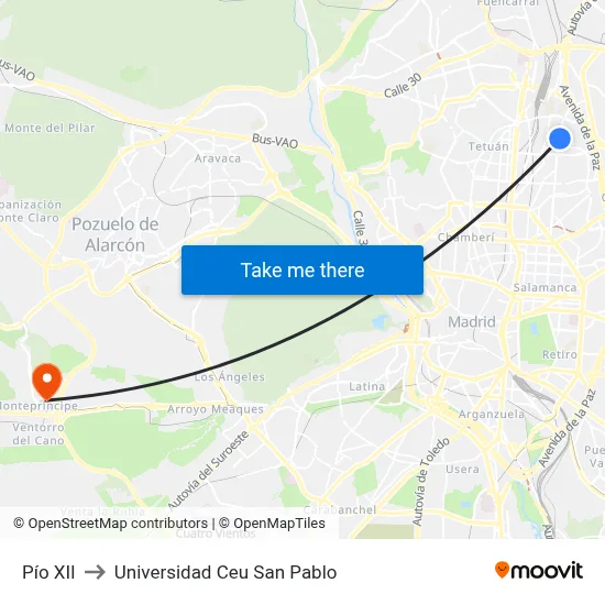 Pío XII to Universidad Ceu San Pablo map