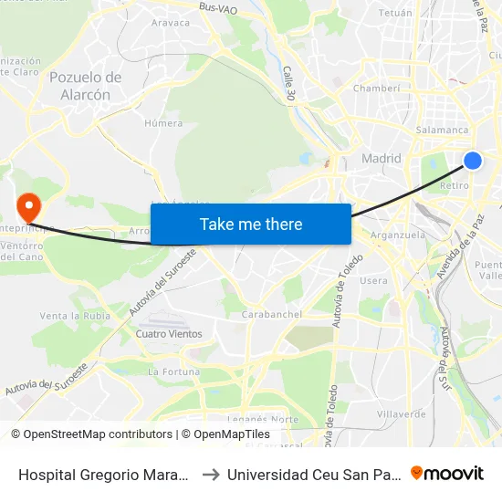 Hospital Gregorio Marañón to Universidad Ceu San Pablo map