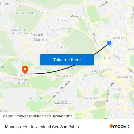 Moncloa to Universidad Ceu San Pablo map