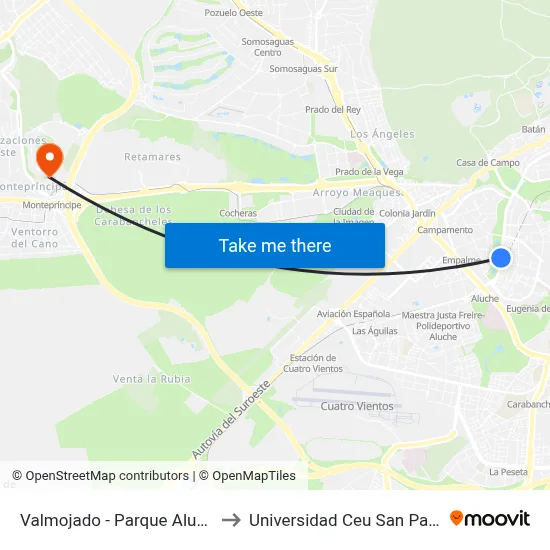 Valmojado - Parque Aluche to Universidad Ceu San Pablo map
