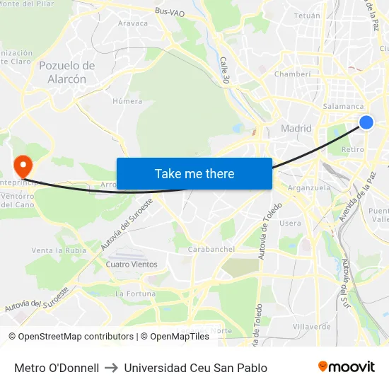 Metro O'Donnell to Universidad Ceu San Pablo map