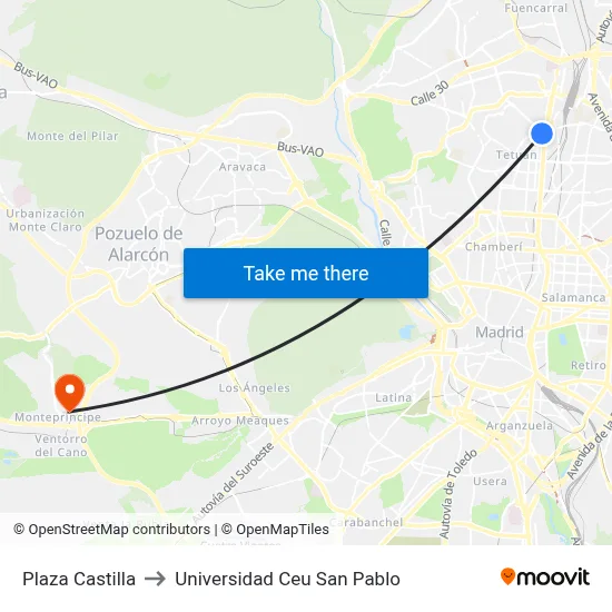 Plaza Castilla to Universidad Ceu San Pablo map