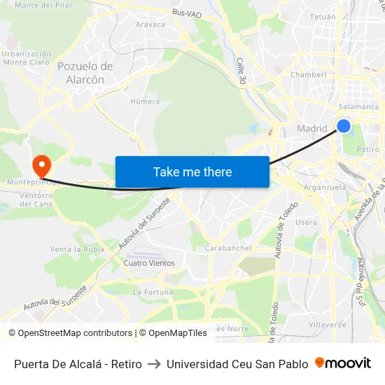 Puerta De Alcalá - Retiro to Universidad Ceu San Pablo map