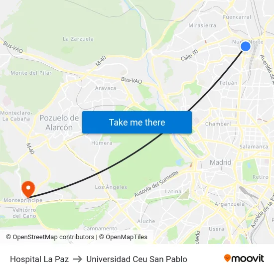 Hospital La Paz to Universidad Ceu San Pablo map