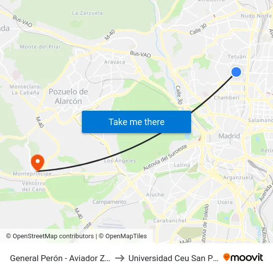 General Perón - Aviador Zorita to Universidad Ceu San Pablo map