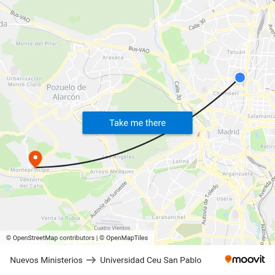 Nuevos Ministerios to Universidad Ceu San Pablo map