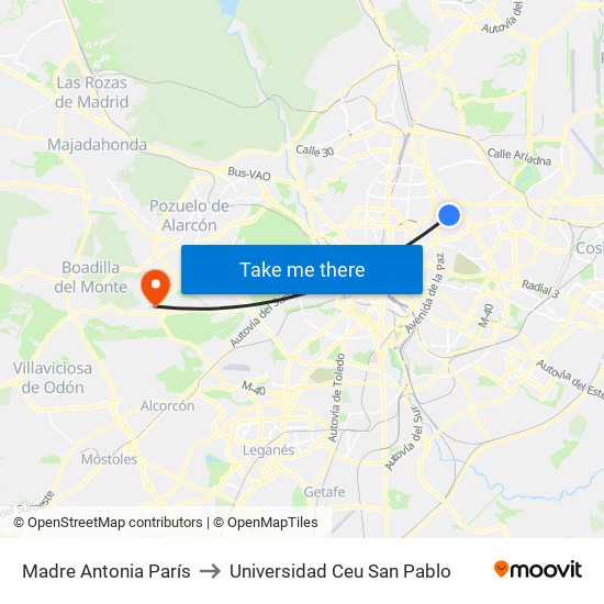 Madre Antonia París to Universidad Ceu San Pablo map
