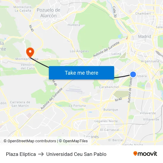 Plaza Elíptica to Universidad Ceu San Pablo map