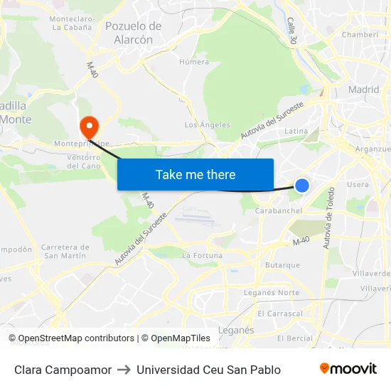 Clara Campoamor to Universidad Ceu San Pablo map