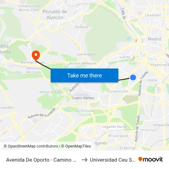 Avenida De Oporto - Camino Viejo Leganés to Universidad Ceu San Pablo map
