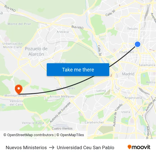 Nuevos Ministerios to Universidad Ceu San Pablo map