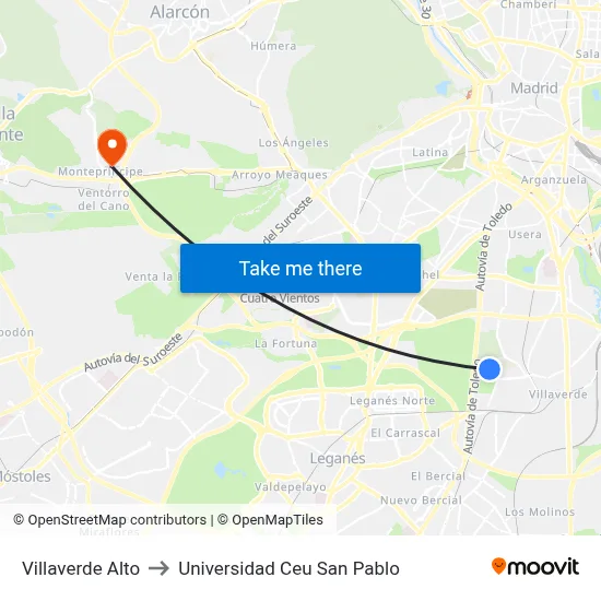 Villaverde Alto to Universidad Ceu San Pablo map