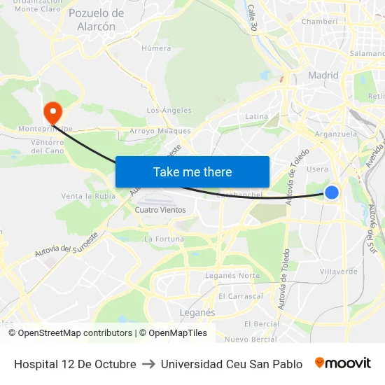 Hospital 12 De Octubre to Universidad Ceu San Pablo map