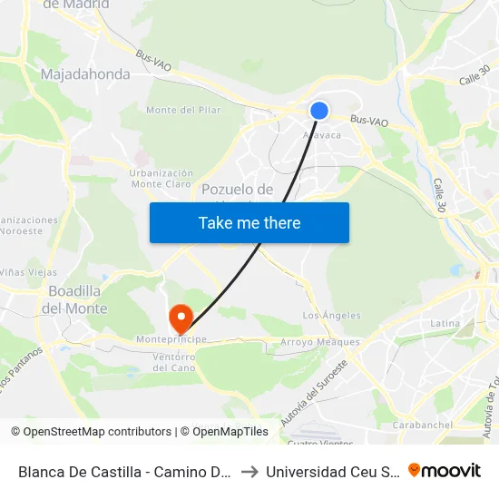 Blanca De Castilla - Camino De La Zarzuela to Universidad Ceu San Pablo map