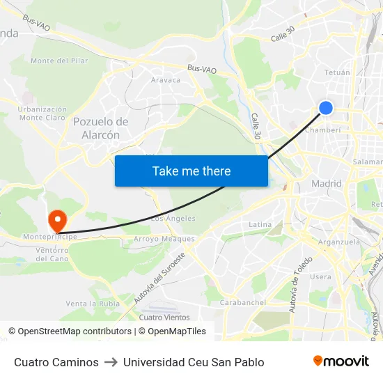 Cuatro Caminos to Universidad Ceu San Pablo map