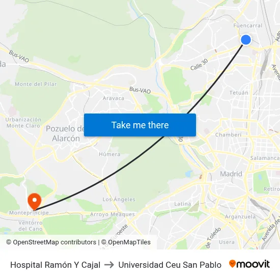 Hospital Ramón Y Cajal to Universidad Ceu San Pablo map