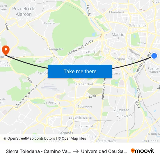 Sierra Toledana - Camino Valderribas to Universidad Ceu San Pablo map