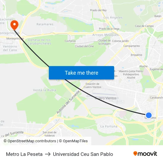 Metro La Peseta to Universidad Ceu San Pablo map