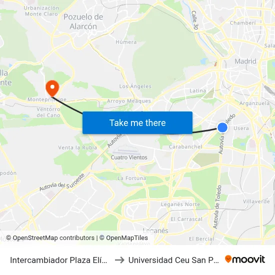 Intercambiador Plaza Elíptica to Universidad Ceu San Pablo map