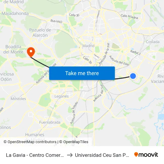 La Gavia - Centro Comercial to Universidad Ceu San Pablo map