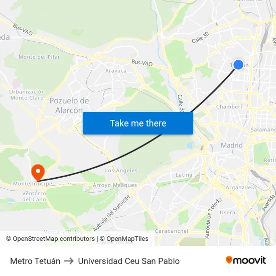 Metro Tetuán to Universidad Ceu San Pablo map