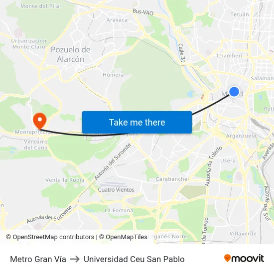 Metro Gran Vía to Universidad Ceu San Pablo map
