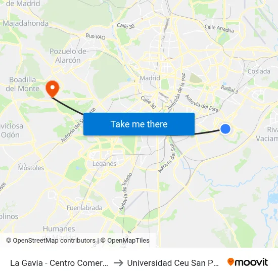 La Gavia - Centro Comercial to Universidad Ceu San Pablo map