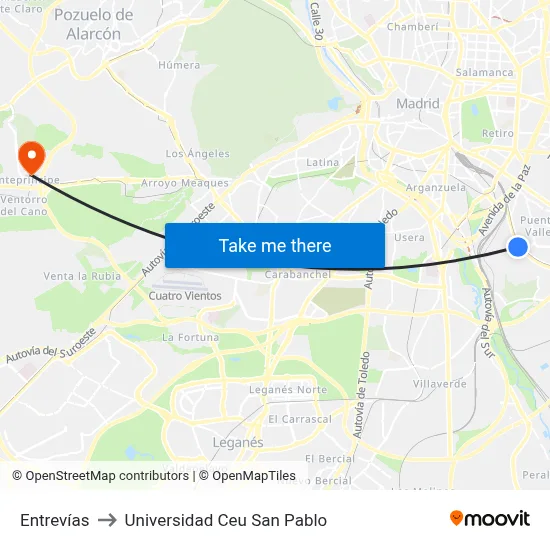 Entrevías to Universidad Ceu San Pablo map