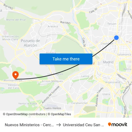 Nuevos Ministerios - Cercanías to Universidad Ceu San Pablo map