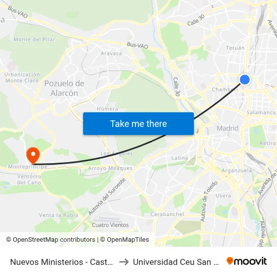 Nuevos Ministerios - Castellana to Universidad Ceu San Pablo map