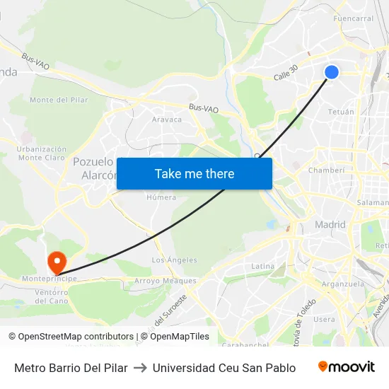 Metro Barrio Del Pilar to Universidad Ceu San Pablo map