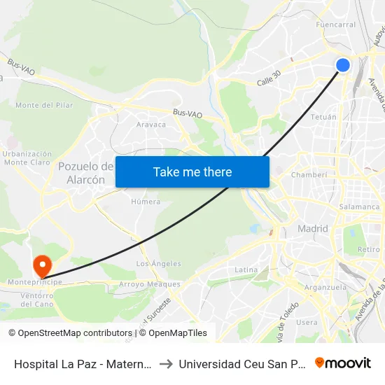 Hospital La Paz - Maternidad to Universidad Ceu San Pablo map