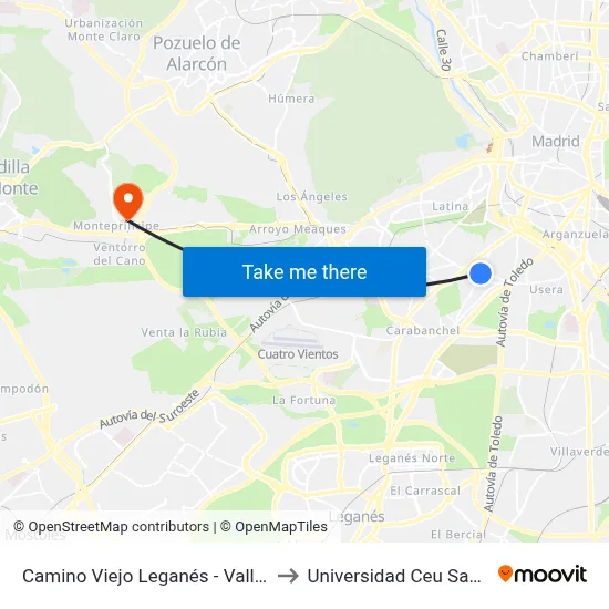 Camino Viejo Leganés - Valle De Oro to Universidad Ceu San Pablo map