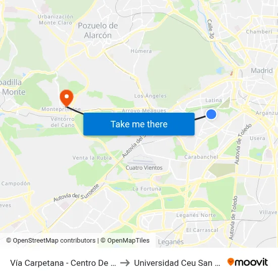 Vía Carpetana - Centro De Salud to Universidad Ceu San Pablo map