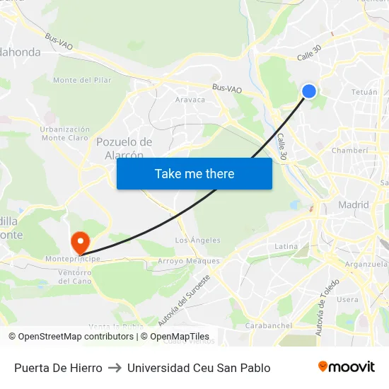 Puerta De Hierro to Universidad Ceu San Pablo map
