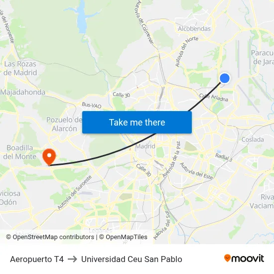 Aeropuerto T4 to Universidad Ceu San Pablo map