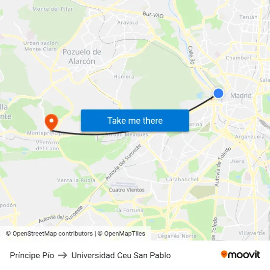 Príncipe Pío to Universidad Ceu San Pablo map