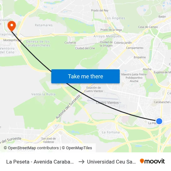 La Peseta - Avenida Carabanchel Alto to Universidad Ceu San Pablo map