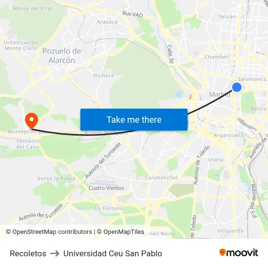 Recoletos to Universidad Ceu San Pablo map