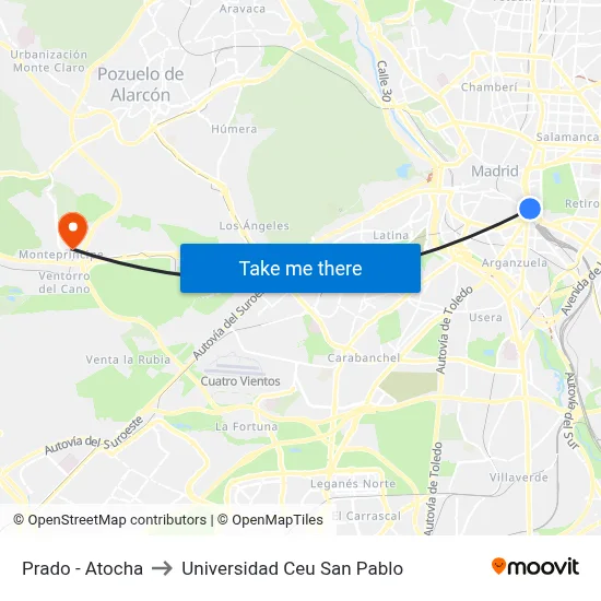 Prado - Atocha to Universidad Ceu San Pablo map