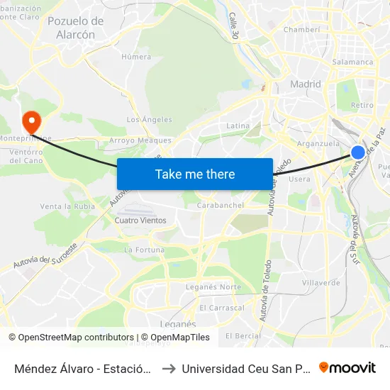 Méndez Álvaro - Estación Sur to Universidad Ceu San Pablo map