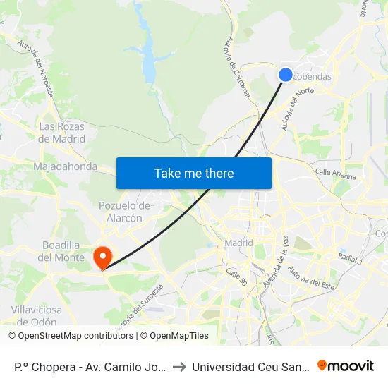 P.º Chopera - Av. Camilo José Cela to Universidad Ceu San Pablo map