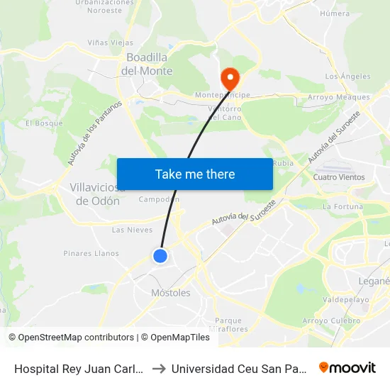 Hospital Rey Juan Carlos to Universidad Ceu San Pablo map