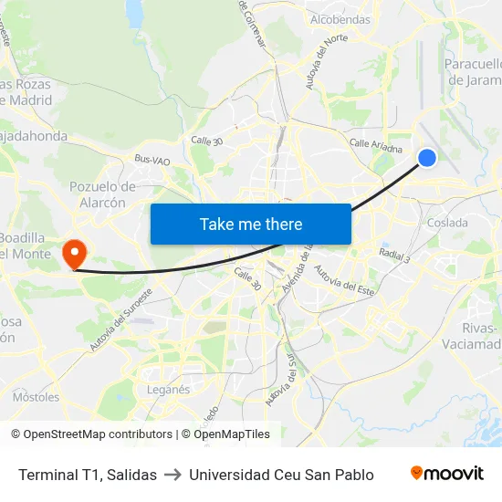 Terminal T1, Salidas to Universidad Ceu San Pablo map